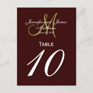 Brown Green Monogram Wedding Table Number Cards
