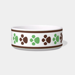 Brown & Green Paw Prints Personalised Cat Bowl
