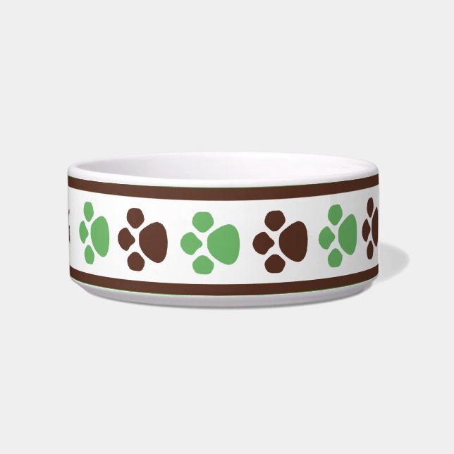 Brown & Green Paw Prints Personalised Cat Bowl (Right)