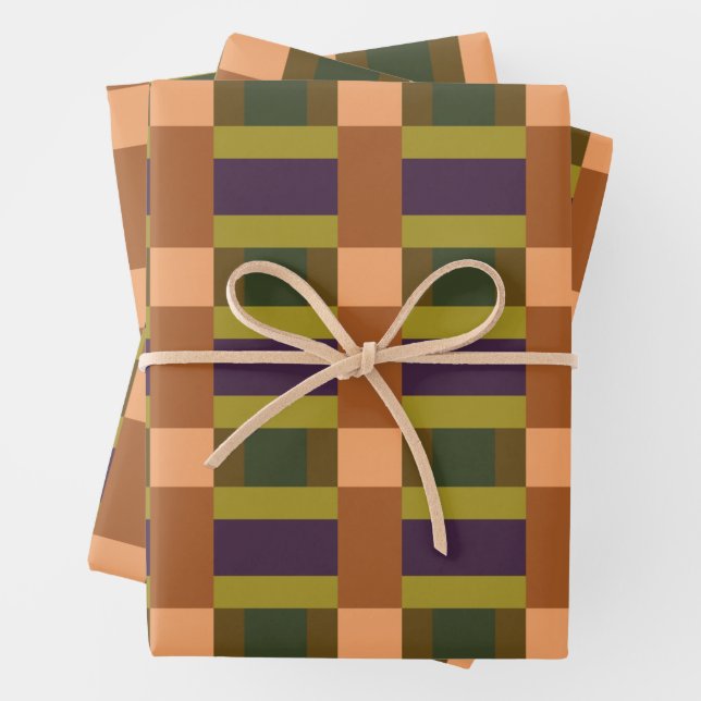Brown Green Peach Purple Colour Block Print Wrapping Paper Sheet (In situ)