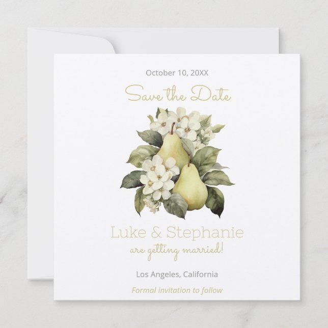 Brown & Green Pear Squared Save the Date Cards  (Front)
