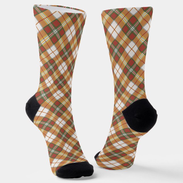 Brown Green Red White Chequered Pattern Socks (Angled)