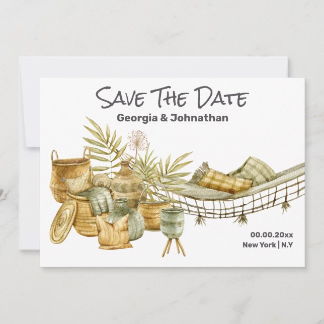 Brown green summer hammock boho chic plants save the date (Front)
