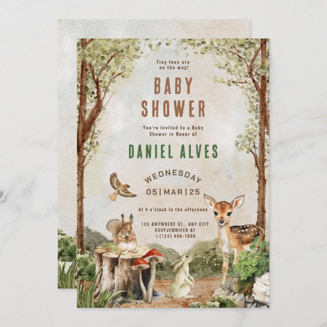 Brown Green Watercolor Baby Shower Invitation (Front/Back)