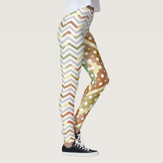 Brown green watercolor chevron, polka dot leggings (Right)