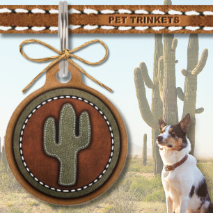 Brown Green Western Stitched Leather Cactus Pet Tag