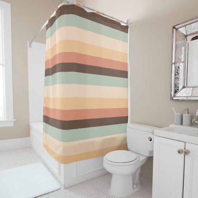 Brown, green, yellow and orange stripes shower curtain (In Situ)