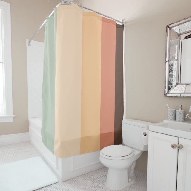 Brown, green, yellow and orange stripes shower curtain (In Situ)