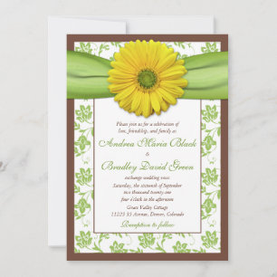 Brown, Green, Yellow Damask Wedding Invitation