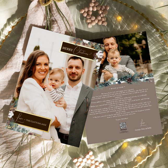 Brown Greenery Vintage Christmas Family Portrait Foil Holiday Card (Creator Uploaded)