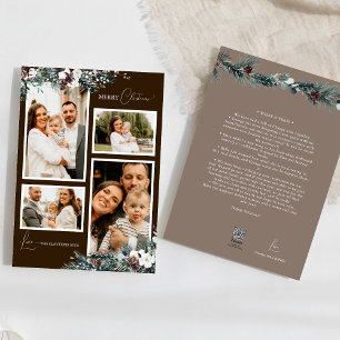 Brown Greenery Vintage Four Photo Collage Holiday Card