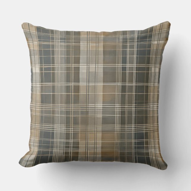Brown Grey Beige Modern Farmhouse Plaid Cushion (Front)