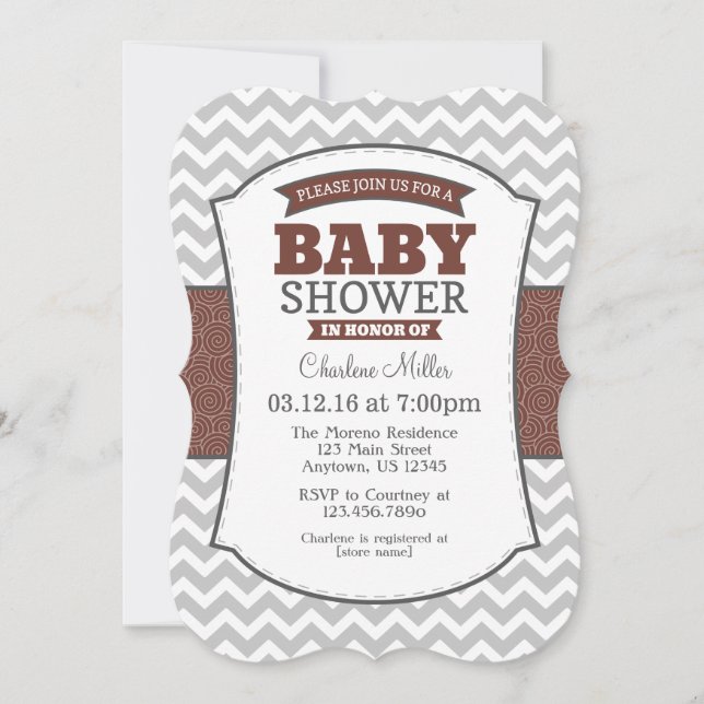 Brown Grey Chevron Baby Shower Invitation (Front)