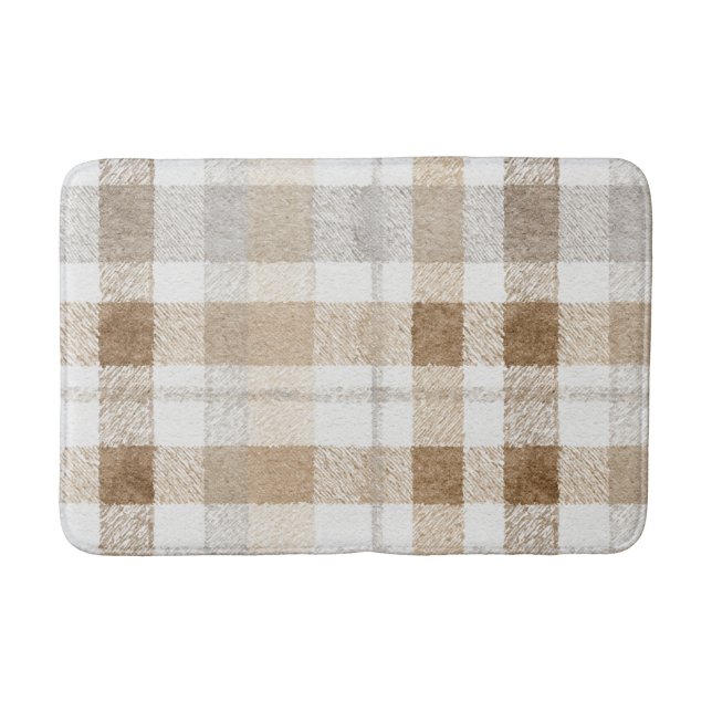 Brown Grey Cream Plaid Stripes Bath Mat (Front)