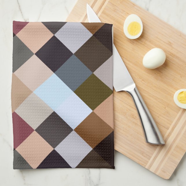 Brown Grey Dark Mauve Taupe Squares Mosaic Pattern Tea Towel (Quarter Fold)