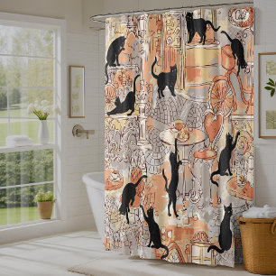 Brown Grey French Cat Paris Cafe Shower Curtain