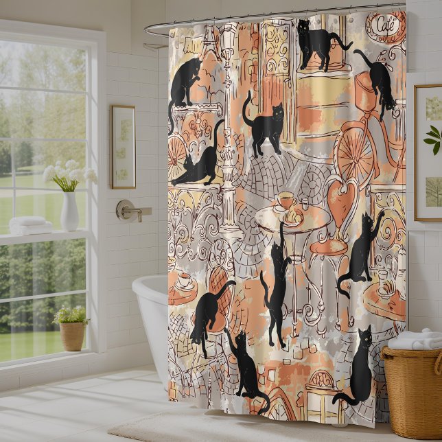 Brown Grey French Cat Paris Cafe Shower Curtain (Creator Uploaded)