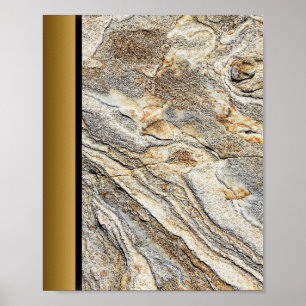 Brown Grey Marble Stone / Black Gold Border Art  Poster