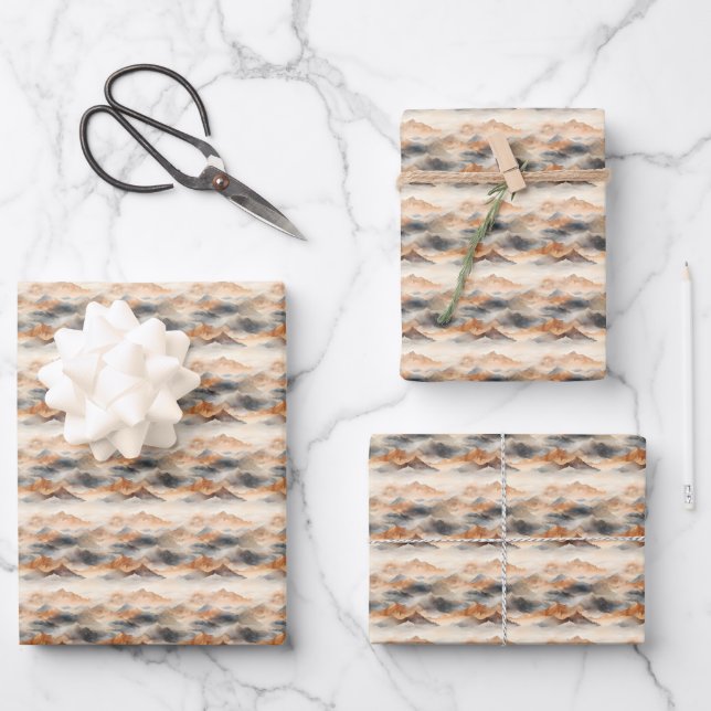 Brown & Grey Mountain Landscape Wrapping Paper Sheet (Front)