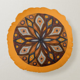 Brown/Grey Starburst Mandala Round Throw Pillow