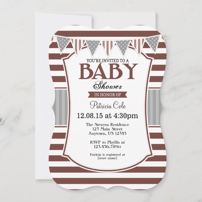 Brown Grey Stripes Baby Shower Invitation (Front)