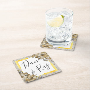 Brown & Grey with Gold Floral Geometric Square Paper Coaster