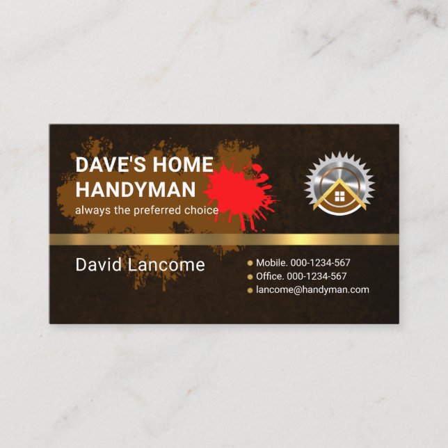Brown Grunge Paint Splatter Gold Hammer Business Card (Front)