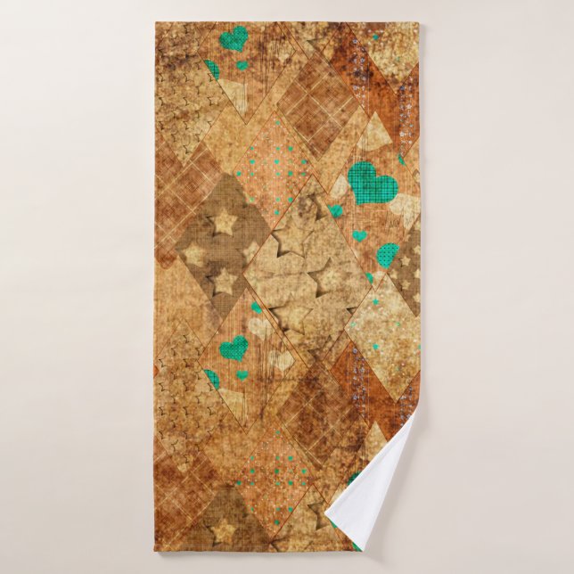 Brown grunge quilt patchwork pattern with stars an bath towel (Bath Towel)