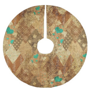 Brown Grunge Quilt Stars Hearts Brushed Polyester Tree Skirt