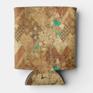 Brown Grunge Quilt Stars Hearts Can Cooler