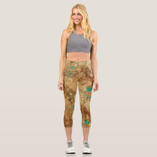 Brown Grunge Quilt Stars Hearts Capri Leggings