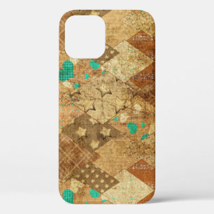 Brown Grunge Quilt Stars Hearts iPhone 12 Case