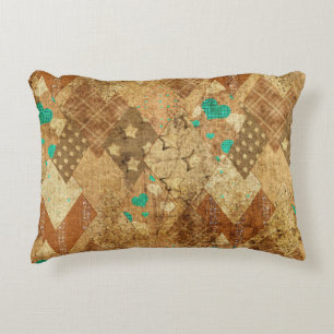 Brown Grunge Quilt Stars Hearts Decorative Cushion