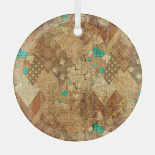 Brown Grunge Quilt Stars Hearts Glass Tree Decoration