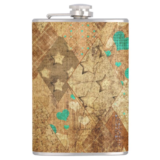 Brown Grunge Quilt Stars Hearts Hip Flask (Front)