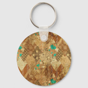 Brown Grunge Quilt Stars Hearts Key Ring