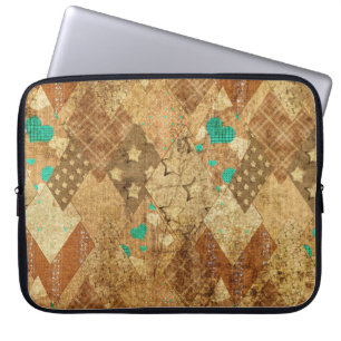 Brown Grunge Quilt Stars Hearts Laptop Sleeve