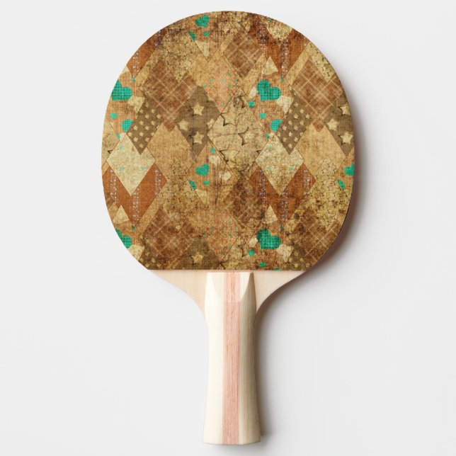 Brown Grunge Quilt Stars Hearts Ping Pong Paddle (Front)