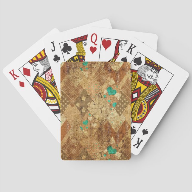 Brown Grunge Quilt Stars Hearts Playing Cards (Back)