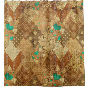 Brown Grunge Quilt Stars Hearts Shower Curtain