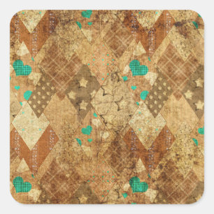 Brown Grunge Quilt Stars Hearts Square Sticker