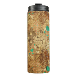 Brown Grunge Quilt Stars Hearts Thermal Tumbler
