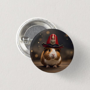 Brown Guinea Pig Wearing A Fireman's Hat, 3 Cm Round Badge