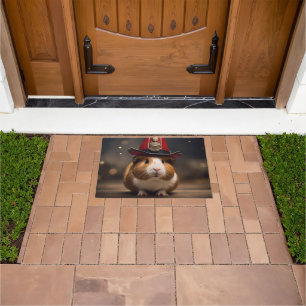 Brown Guinea Pig Wearing A Fireman's Hat, Doormat