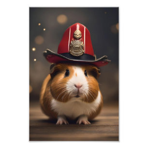 Brown Guinea Pig Wearing A Fireman's Hat, Photo Print