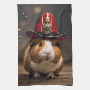Brown Guinea Pig Wearing A Fireman's Hat, Tea Towel