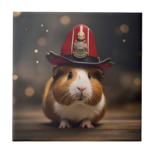 Brown Guinea Pig Wearing A Fireman's Hat, Tile