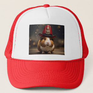Brown Guinea Pig Wearing A Fireman's Hat, Trucker Hat