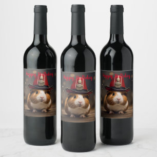 Brown Guinea Pig Wearing A Fireman's Hat, Wine Label