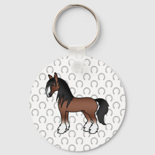 Brown Gypsy Vanner Clydesdale Shire Cartoon Horse Key Ring